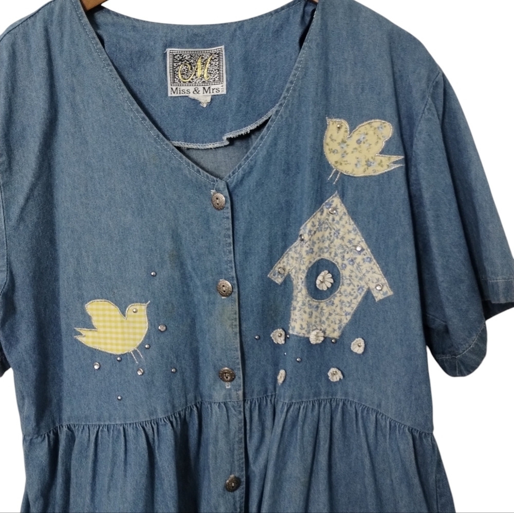 Vintage Miss & Mrs Womens Size XL Patchwork Jumper Bird Cottagecore Denim Dress - Picture 3 of 8